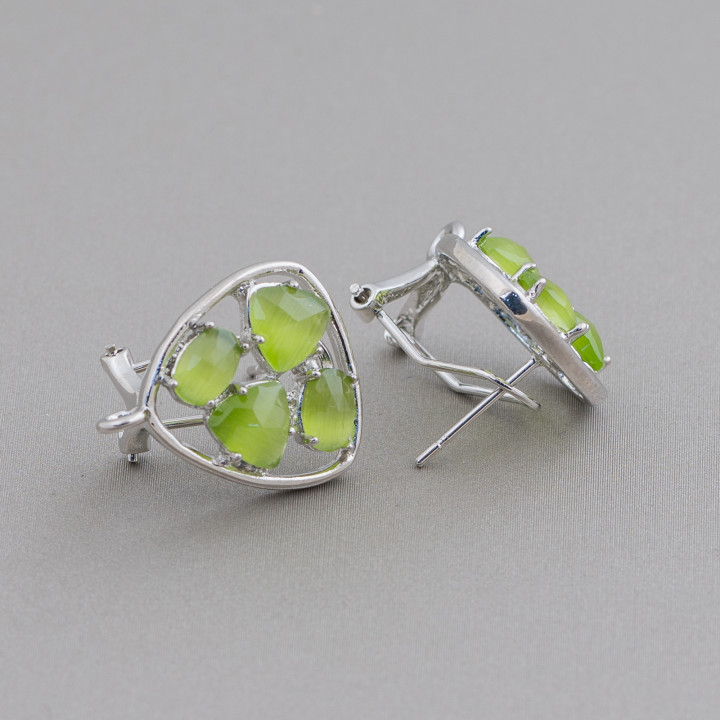 Messing-Ohrringe mit geschlossenem Stift, Basis Plektrum, mit Katzenaugen-Cabochons, 16,5 mm, 5 Paar, Rhodiumsäuregrün