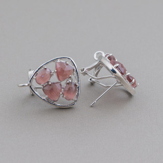 Brass Earring Base Closed Stud Pick with Cat's Eye Cabochon Set 16.5mm 5 Pairs Rhodium Plated Wine