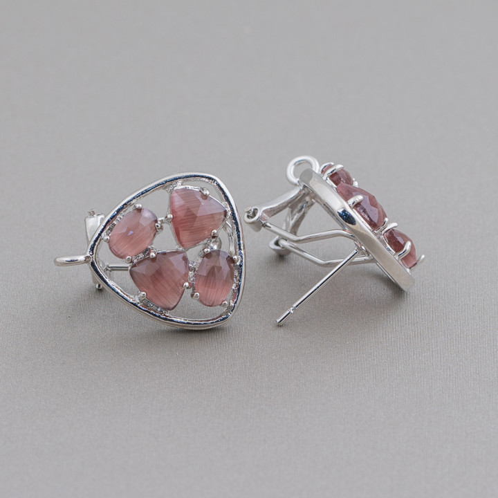 Boucles d'Oreilles Clous Laiton Goupille Fermée Base Plectre Avec Sertie Cabochons Oeil de Chat 16.5mm 5 Paires Rhodié Bordeaux