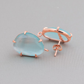 14.5x18mm Boucles d'Oreilles Tige Laiton Oeil de Chat Facettes Base 6 Paires Or Rose Aqua