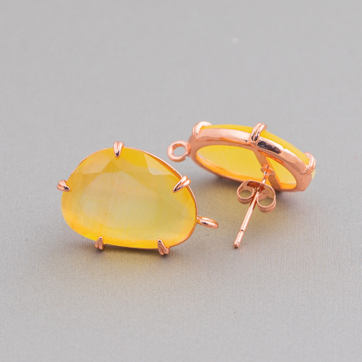 Brass Stud Earring Base with Faceted Cat's Eye 14.5x18mm 6 Pairs Rose Gold Yellow
