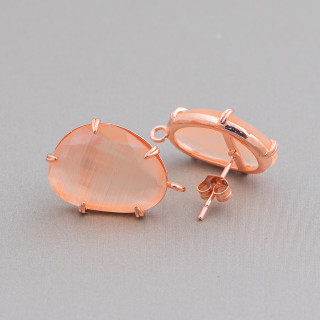 14.5x18mm Boucles d'Oreilles Tige Laiton Oeil de Chat Facettes Base 6 Paires Or Rose Pêche