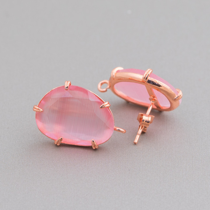 Aretes de botón de latón con facetas de ojo de gato Base 14.5x18 mm 6 pares Oro rosa Rosa