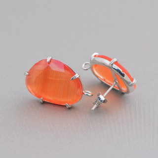 Brass Stud Earring Base with Faceted Cat's Eye 14.5x18mm 6 Pairs Rhodium Plated Orange
