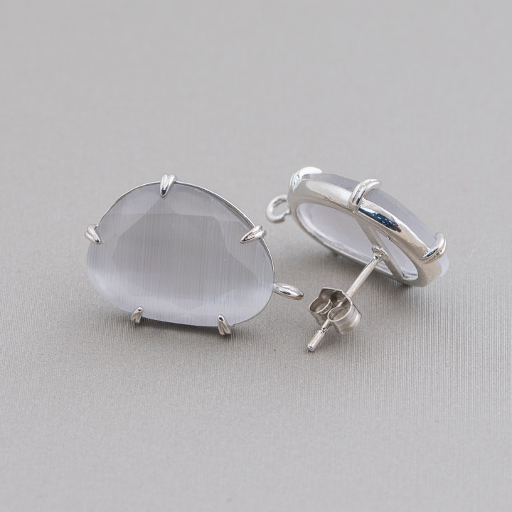 Aretes de Latón Base con Ojo de Gato Facetado 14.5x18mm 6 Pares Rodio Gris