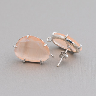 Aretes de Latón Base con Ojo de Gato Facetado 14.5x18mm 6 Pares Melocotón Rodiado