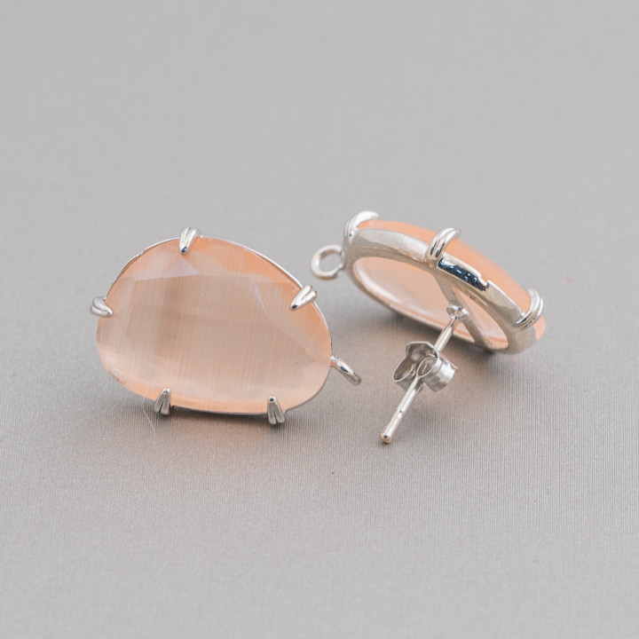 Base Per Orecchini Di Ottone A Perno Con Occhio Di Gatto Sfaccettato 14,5x18mm 6 Paia Rodiato Pesca