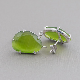 Brass Stud Earring Base with Faceted Cat's Eye 14.5x18mm 6 Pairs Rhodium Plated Forest Green