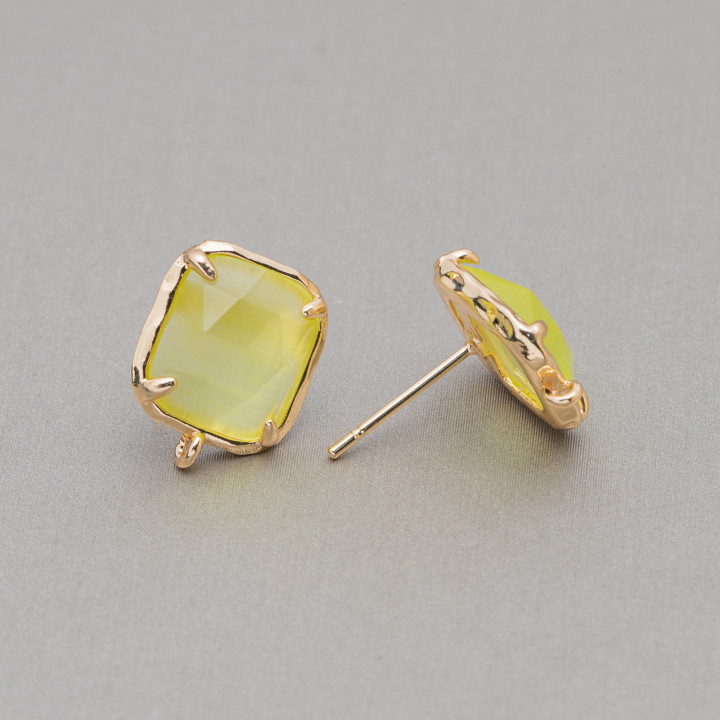 Rectangle Faceted Cat's Eye Brass Earring Stud Base 10.5x13mm 5 Pairs Light Yellow