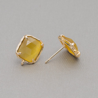 Rectangle Facette Oeil de Chat Laiton Boucles d'Oreilles Tiges Base 10.5x13mm 8 Paires Brun Acide