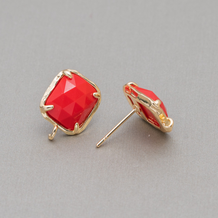 Pendientes de botón de latón con ojo de gato facetado rectangular Base 10,5x13 mm 8 pares Rojo