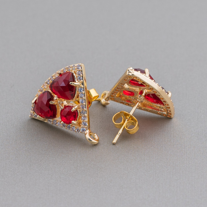 Brass Stud Earring Base Triangle with Cat's Eye Cabochon Set 18x15mm 5 Pairs Golden Red