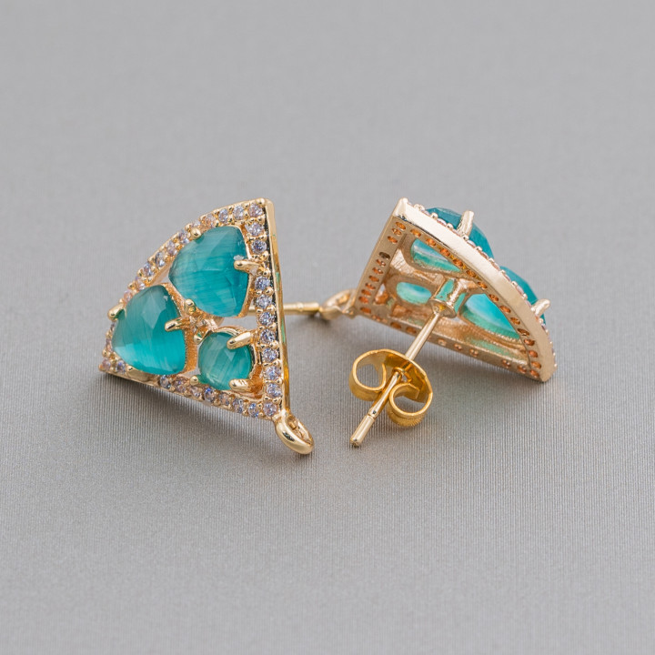 Brass Stud Earring Base Triangle with Cat's Eye Cabochon Set 18x15mm 5 Pairs Golden Green