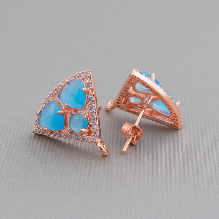 Base Per Orecchini Di Ottone A Perno Triangolo Con Cabochon Di Occhi Di Gatto Incastonati 18x15mm 5 Paia Oro Rosa Azzurro