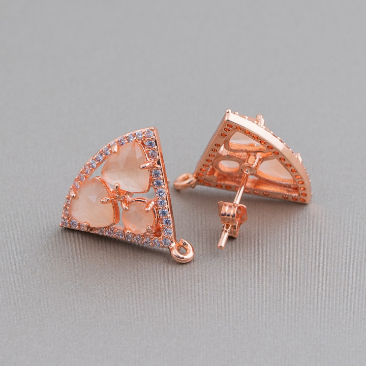 Brass Stud Earring Base Triangle with Cat's Eye Cabochon Set 18x15mm 5 Pairs Rose Gold Peach