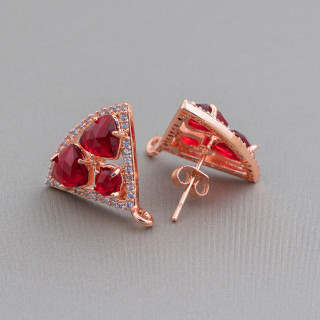 Brass Stud Earring Base Triangle with Cat's Eye Cabochon Set 18x15mm 5 Pairs Rose Gold Red