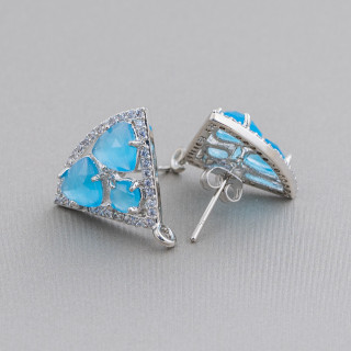 Boucles D'Oreilles Triangle En Laiton Avec Cabochons Oeil De Chat 18x15mm 5 Paires Rhodium Bleu