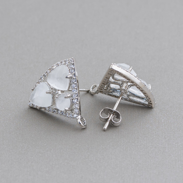 Base Per Orecchini Di Ottone A Perno Triangolo Con Cabochon Di Occhi Di Gatto Incastonati 18x15mm 5 Paia Rodiato Bianco