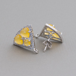 Brass Stud Earring Base Triangle with Cat's Eye Cabochon Set 18x15mm 5 Pairs Rhodium Plated Yellow