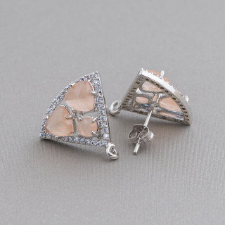 18x15mm Cat Eye Cabochon Triangle Clou Boucles d'Oreilles Laiton Base 5 Paires Plaqué Rhodium Pêche