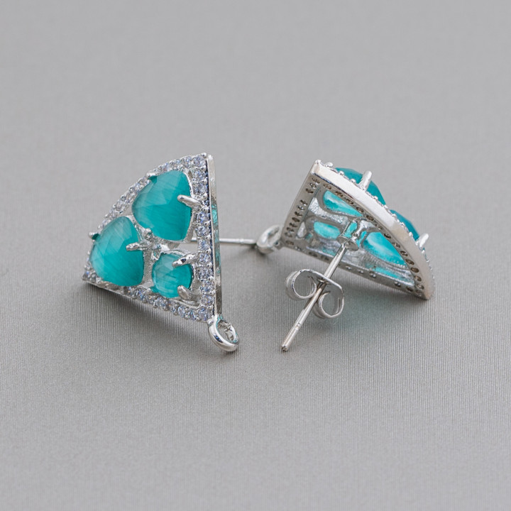 Brass Stud Earring Base Triangle with Cat's Eye Cabochon Set 18x15mm 5 Pairs Rhodium Plated Green