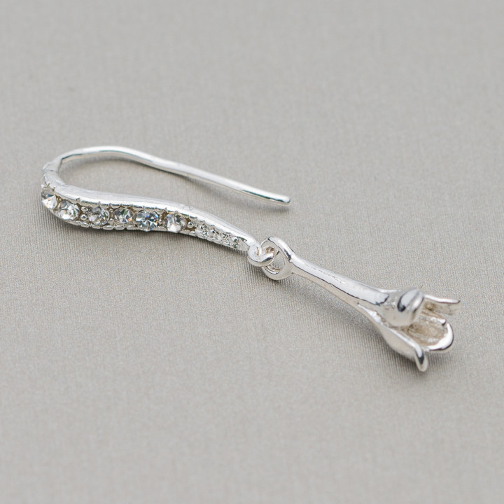 Base Pour Boucles D'Oreilles Laiton Avec Strass Crochet 3x35mm 25 Paires Argent
