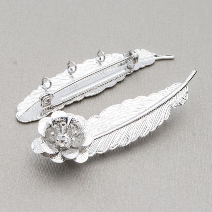 Rhodium-Plated Brass Brooch Base With 3 Rear Rings 58x18mm 10pcs