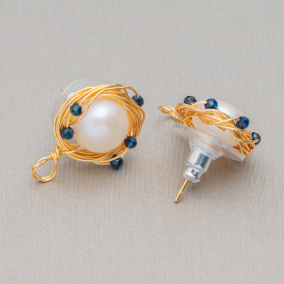 Bases De Boucles D'oreilles Tiges En Argent 925 Avec Perles De Rivière En Bronze Et Zircons 13mm 3 Paires Bleu