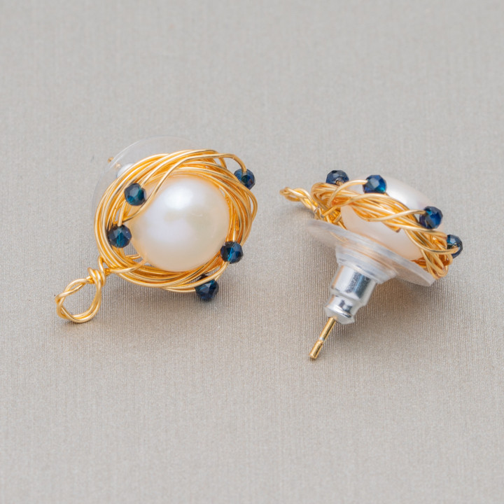 925 Silver Stud Earring Bases with Bronze River Pearls and Zircons 13mm 3 Pairs Blue