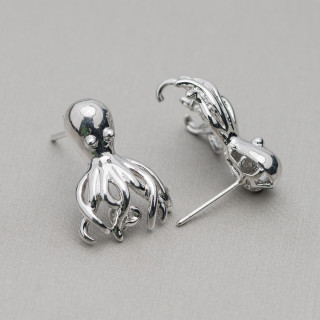 Bronze Stud Earring Bases Octopus Pattern 16x21mm 10 Pairs Rhodium Plated