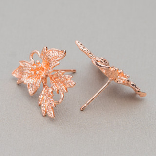 Bases de aretes de bronce con flor, 18x22 mm, 10 pares, oro rosa