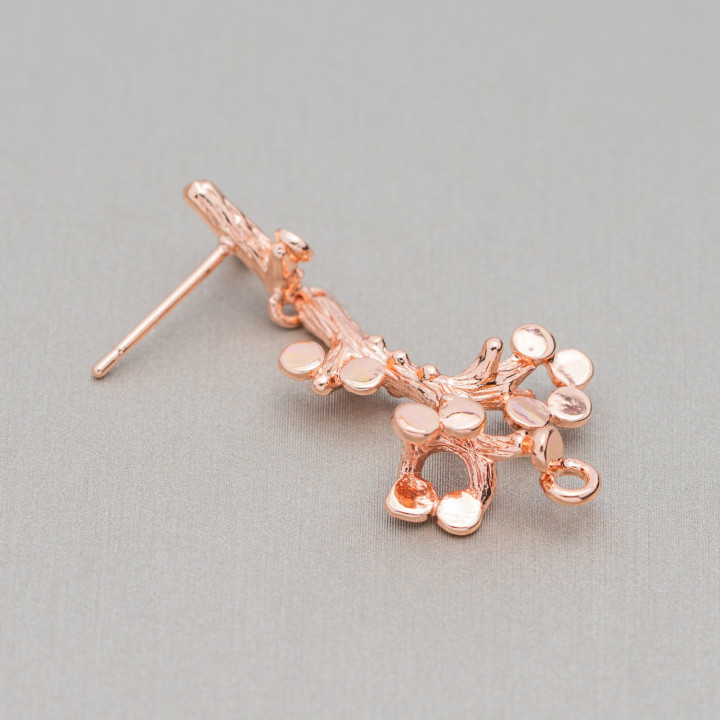 Bases for Bronze Stud Earrings Branch 17x36mm 6 Pairs with Rose Gold Electroplating