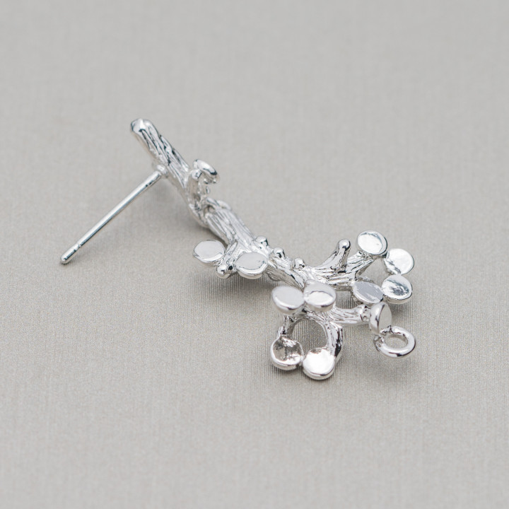 Bases for Bronze Stud Earrings Branch 17x36mm 6 Pairs with Rhodium Plated Electroplating