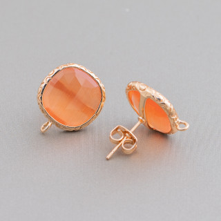 Juego De Bases Para Aretes De Bronce Con Cristales Cuadrado 15mm 5 Pares Naranja Dorado