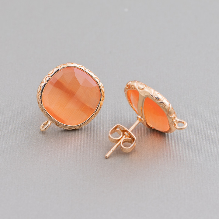 Bronze Earring Bases with Crystals Set Square 15mm 5 Pairs Golden Peach