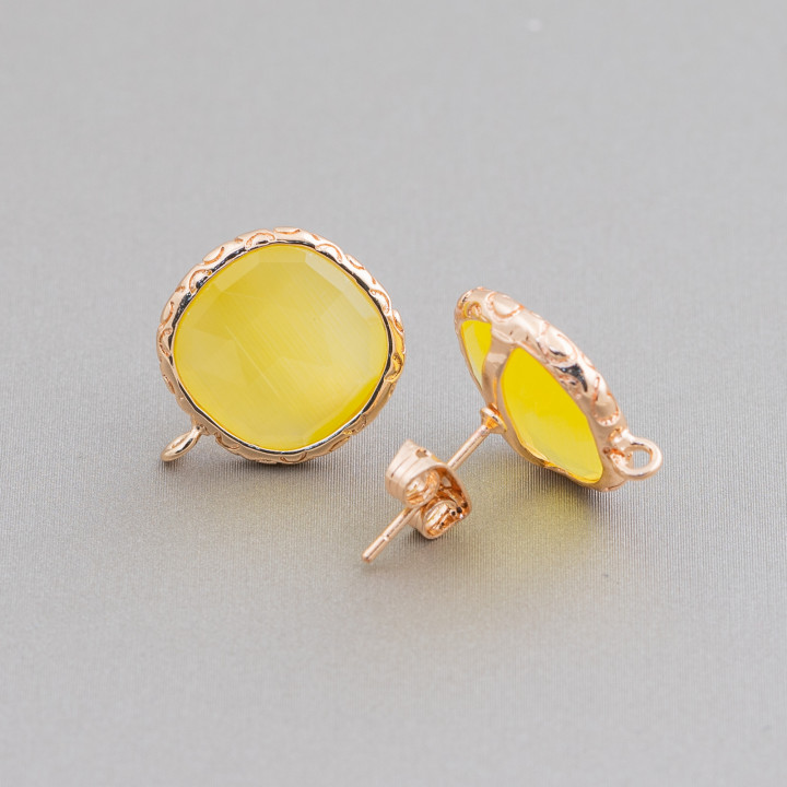 Bronze Earring Bases with Crystals Set Square 15mm 5 Pairs Yellow Golden