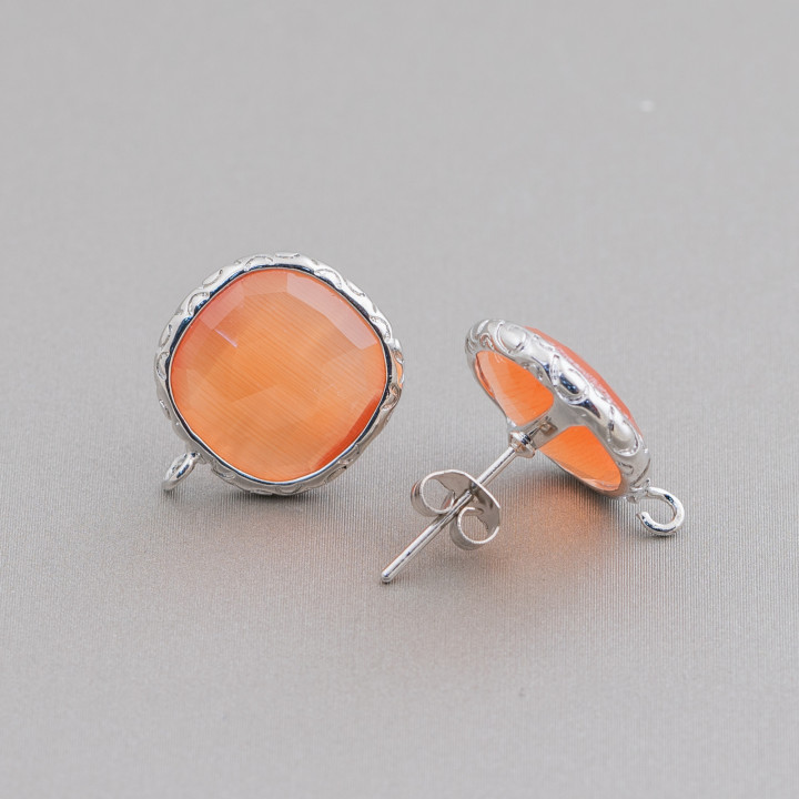 Bronze Earring Bases with Crystals Set Square 15mm 5 Pairs Rhodium Plated Peach