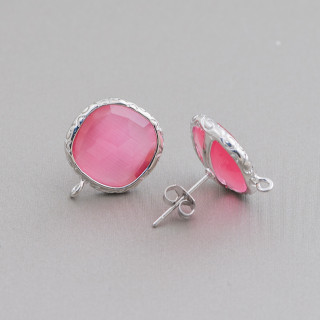 Bases Pour Boucles D'Oreilles Bronze Avec Cristaux Serti Carré 15mm 5 Paires Rhodium Fuscia