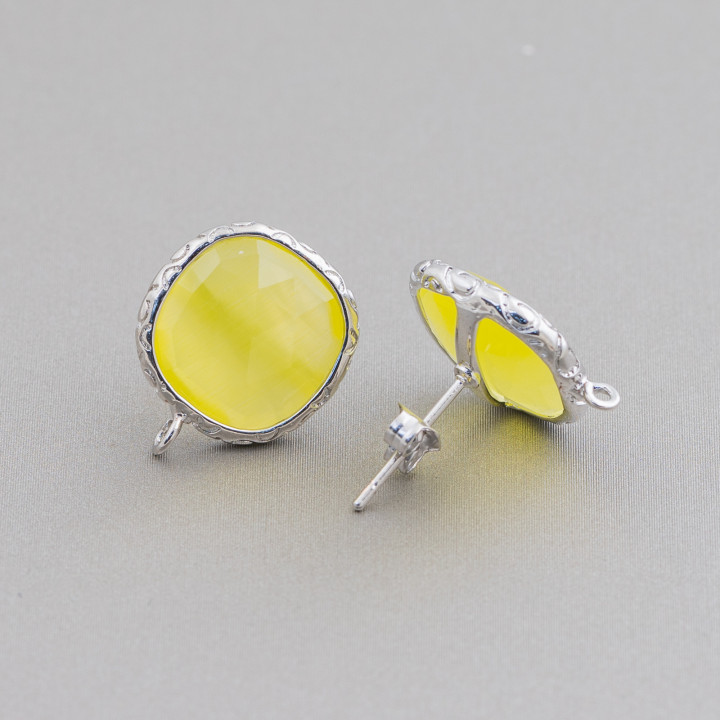 Bronze Earring Bases with Crystals Set Square 15mm 5 Pairs Rhodium Plated Yellow