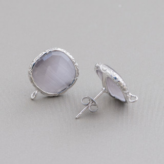 Bronze Earring Bases with Crystals Set Square 15mm 5 Pairs Rhodium Plated Gray