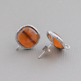 Bronze Earring Bases with Crystals Set Square 15mm 5 Pairs Rhodium Plated Brown