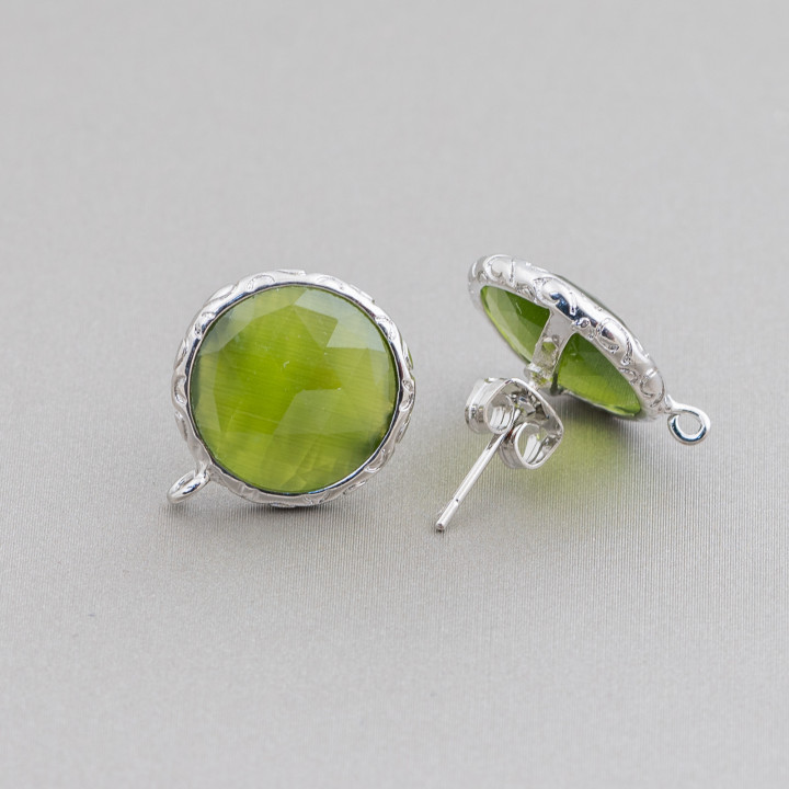 Boucles d'Oreilles Bronze Bases Avec Cristaux Ronds 15mm 5 Paires Rhodium Vert Forêt