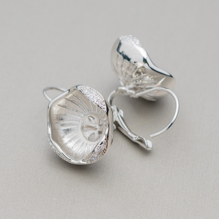 Basen für Ohrringe aus Bronze mit Zirkonia Offene Blume 4 Paar Rhodium