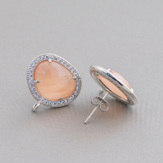 Juegos de aretes de latón con cabujón de ojo de gato incrustado Circonitas Mango 15x18 mm 5 pares Melocotón chapado en rodio