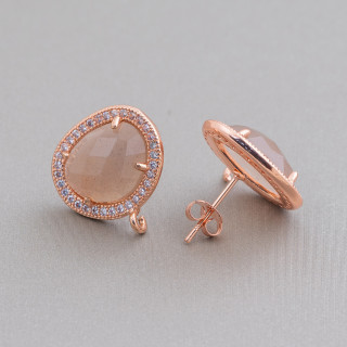 Basi Per Orecchini Di Ottone A Perno Con Cabochon Di Pietre Dure Naturali Incastonato E Zirconi Mango 15x18mm 5 Paia Oro Rosa P