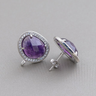 Messing-Ohrsteckerbasis mit natürlichem Edelstein Cabochon-Set und Zirkonen Mango 15x18mm 5 Paar Rhodium Am