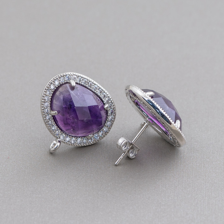 Brass Stud Earring Bases with Cabochon of Natural Semi-precious Stones and Mango Zircons 15x18mm 5 Pairs Rhodium Plated Am