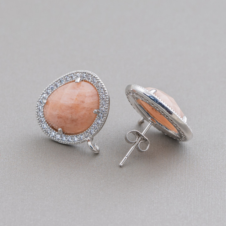 Messing-Ohrsteckerbasis mit natürlichem Edelstein-Cabochon-Set und Zirkonen Mango 15x18mm 5 Paar Rhodium Pi