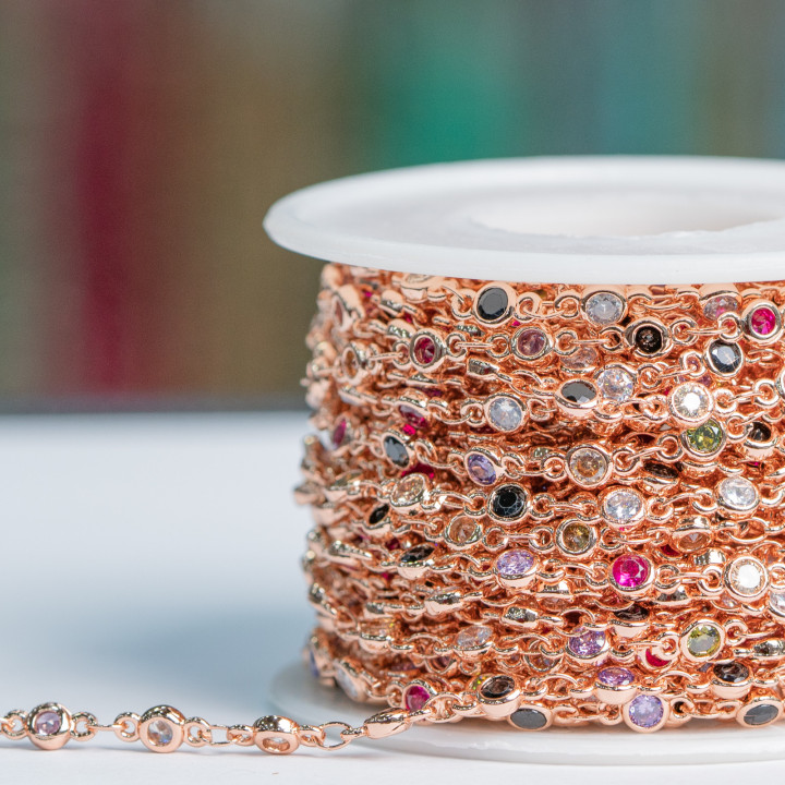 Brass Chain With Brilliant Cut Zircons Set 4mm 10 Meters Multicolor Rose Gold