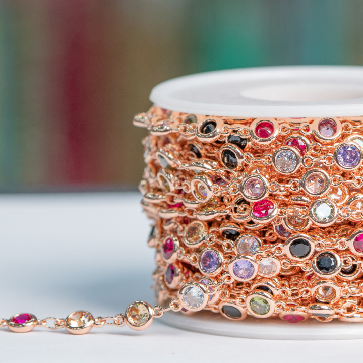 Cadena Latón Con Circonitas Talla Brillante Engastada 5.5mm 10 Metros Oro Rosa Multicolor